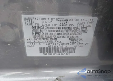 2017 Nissan Versa 1.6 S z USA, uszkodzony, nr VIN 3N1CN7AP4HL869852